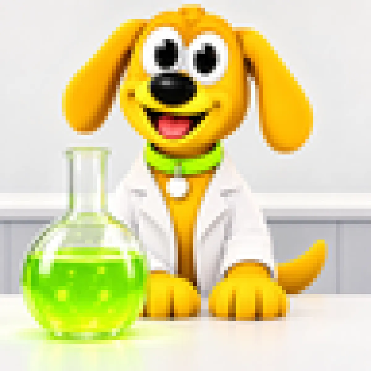 Dogium behind a lab bench